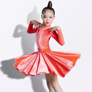 Çocuk Latin Dans Elbise Eğitim Kıyafetleri Gri Sonbahar Kış Kore Kadife Uzun Kollu Kız Yarışması Elbise