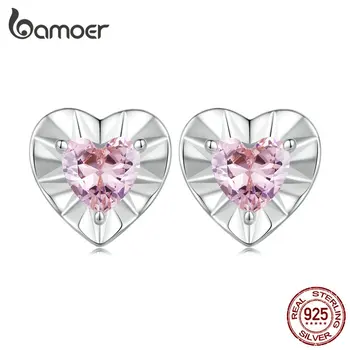 Bamoer 925 Ayar Gümüş Parlak Kalp şeklinde saplama Küpe Pembe Zirkon Küpe Kadınlar için sevgililer Günü Hediyesi Güzel Takı