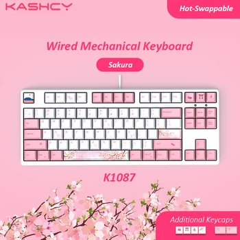 KASHCY K1087 Tokyo Sakura Kablolu Mekanik Oyun Klavyesi Değiştirilebilir Anahtarı 87 Tuşları PBT Boya Süblimasyon Keycaps Tip-C Bağlantı Noktası