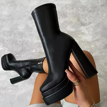 2022 Seksi Tıknaz Yüksek Topuklu Ayak Bileği Ayakkabı Kadınlar İçin Punk Tarzı Fermuar Kalın Platform Esneklik Mikrofiber Çizmeler Sapatos Femininos