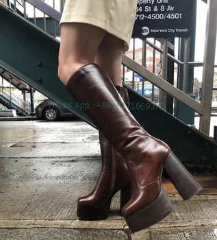 Kovboy Seksi Platformu Kahverengi Zip Diz Yüksek Çizmeler Kadın Sokak Blok Yüksek Topuk Deri Çizmeler Bayan Sevimli parti ayakkabıları zapatillas mujer