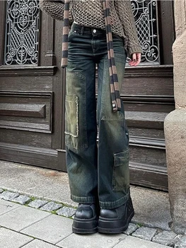 Y2K Kadınlar Vintage Streetwear Kore Kargo Baggy Kot Yüksek Bel Düz Geniş Bacak Pantolon Denim Pantolon Peri Grunge Alt Elbise
