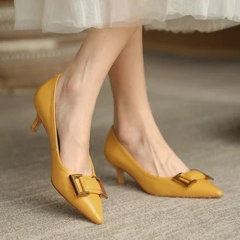 5cm OL Ofis Bayan Ayakkabıları Sivri Yüksek Topuklu Bayan Elbise Ayakkabı Sarı Yüksek Topuklu Stiletto Bayan Ayakkabıları Zapatos Mujer