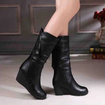 Yeni Kış sıcak Kürk Çizmeler Bayan Botları Yüksek Topuklu Yan Fermuar kadın ayakkabısı Siyah Kadın Çizmeler Ayakkabı Kama Çizmeler Ayakkabı Kadın
