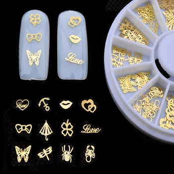 1 Adet Yeni 3d Altın Metal Nail Art Sticker Dekorasyon Tekerlek Kelebek Dudaklar Tasarım Küçük Dilim DIY Tırnak Aksesuarları