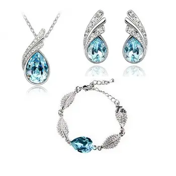 QiLeSen Güzel takı 925 ayar gümüş bayanlar için uygun seti, En çok satan kristal deniz mavisi Kolye bilezik Küpe Seti YW
