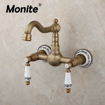 Monite Antik Pirinç banyo küveti Musluk Prinç Duvara Monte 2 Kolları Banyo lavabo bataryası Musluk Sıcak ve Soğuk Su Dokunun