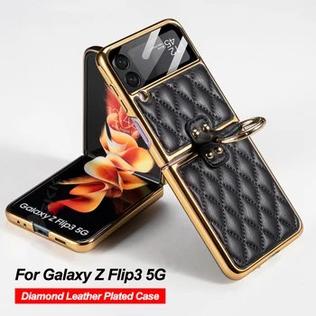 GKK Orijinal Elmas şeklindeki Deri samsung kılıfı Galaxy Z Flip 3 5G Durumda Halka Standı Kaplama Sert Kapak İçin Galaxy Z Flip3 5G