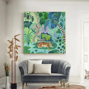 Orman Kaplan Baskı Yeşil Orman Hayvan Posterler ve Baskılar Tropikal Botanik Dekoratif Duvar Sanatı Resimleri için Oturma Odası Dekor