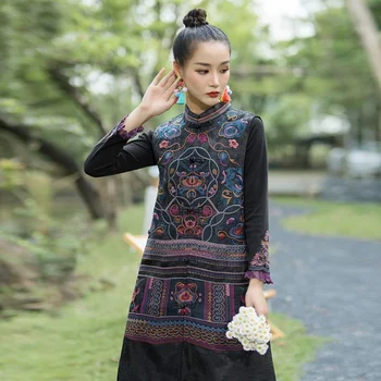 Pamuk Keten Nakış Çin Yelek Uzun Vintage Kolsuz Ceket Çin Tarzı kadın Giyim Ulusal Tang Takım Elbise Yelek