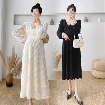 628# 2022 Sonbahar Kore Moda Hamile uzun elbise Şık Ins Bir Çizgi İnce Gevşek Hamile Kadınlar için Gebelik Giyim