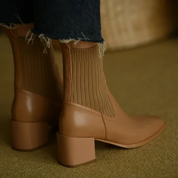 Ilkbahar Sonbahar Kış Özlü Hakiki Deri Örgü Kalın Med Topuklu 6 CM Temel Ayakkabı Ofis Bayanlar Modern Kadın yarım çizmeler