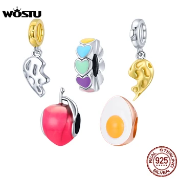 Wostu 925 Ayar Gümüş Yarım Kalp Eğlenceli Yumurta Şeftali Charm Kolye Orijinal Bilezik Bileklik Kadınlar için DIY Takı Yapımı