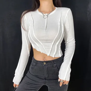 Beyaz Moda Tasarım Kadın Uzun kollu tişört 2022 Sonbahar Bayan Temel Düzensiz Kısa uzunlukta İnce İnce O Boyun Tshirt Rahat Üst