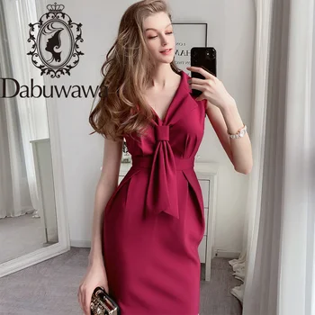 Dabuwawa Vintage Parti Bordo Kılıf Elbise Kadın V Yaka Kravat Ön Yüksek Bel Kolsuz Zarif Elbise Ofis Bayan DT1BDR009