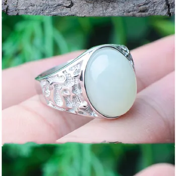S925 Gümüş Kakma Doğal Hetian Yeşim Yüzük Moda Otoriter Koyun Yağ Beyaz Seviye Çıplak Taş Yumurta Yüz Retro Yeşim Yüzük