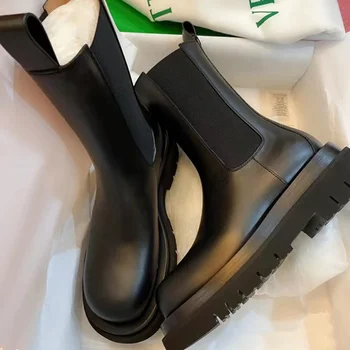 Yeni Kadın Orta Buzağı Çizmeler Deri Platformları Muhtasar Rahat Kalın Topuklu Ayakkabılar Kadın Sonbahar Kış Yüksek Çizmeler Baca Botları