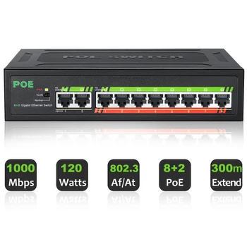 TEROW Gigabit POE Anahtarı 10 Port Ethernet Anahtarı 120W 8 Port 1000Mbps +2 Uplink ile priz ve Çalıştır IP Kamera / Yönlendirici