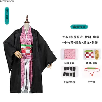 Iblis avcısı Kimetsu Hiçbir Yaiba Tanjirou Kamado Cosplay Kostüm Kimono Pelerin Cadılar Bayramı Partisi Anime Elbise Üniforma Seti Disfraz