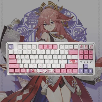 Güzellik Yae Miko Keycaps klavye 135 tuşları dekorasyon Anime Aksesuarları Kiraz Profili klavye Oyun Genshin Darbe Keycaps