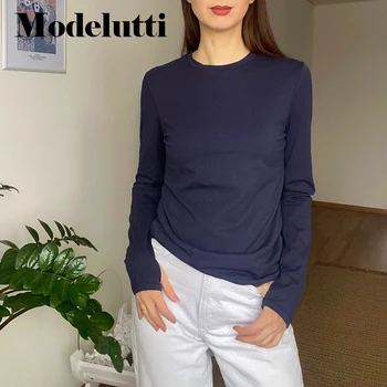 Modelutti 2022 Yeni Sonbahar Kış Moda Uzun Kollu parmak deliği Şeker Renk İnce T-Shirt Katı Basit Rahat Temel Üstleri Kadın