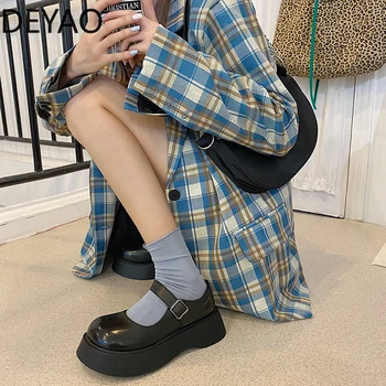 Siyah Mary Jane Ayakkabı Platformu Kadın Pompaları Moda Toka Yuvarlak Ayak Rahat Kadın Sığ Flats İngiliz Tarzı Kadın Deri ayakkabı
