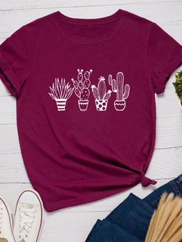 Bitki Kaktüs Baskı Kadın T Shirt Kısa Kollu O Boyun Gevşek Kadın Tişört Bayanlar Tee Gömlek Tops Giysileri Camisetas Mujer