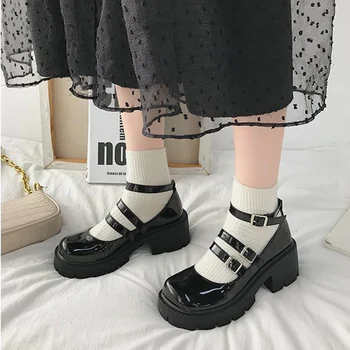 Kadın Ayakkabı Pompaları Lolita Vintage Yumuşak PU Tıknaz Topuk Üniversite Öğrencisi Mary Jane Ayakkabı Platformu Toka Kayış Rahat Zapatos Mujer