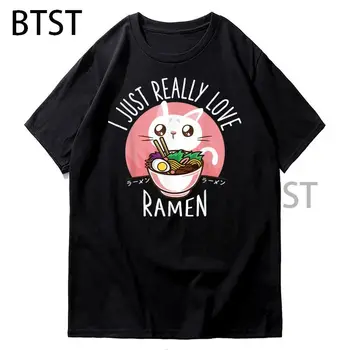 Aşk Ramen Japon Erişte Kedi Erkek Kadın T Shirt Harajuku Grafik Vintage Trendy Unisex Rahat Gevşek Tshirt Kawaii Tee Gömlek