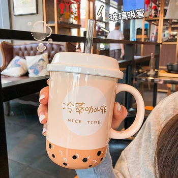 Kawaii Boba Kupa Yaratıcı Karikatür Seramik Saman kapaklı bardak Sevimli Öğrenci Kişilik Kahve Kupalar Ofis Süt Çay Kahvaltı Bardak