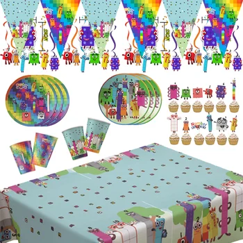 Karikatür Numberblocks Doğum Günü Partisi Dekorasyon Malzemeleri Tek Kullanımlık Sofra Masa Örtüsü Kaşık Peçete Afiş Balon Dekorasyon