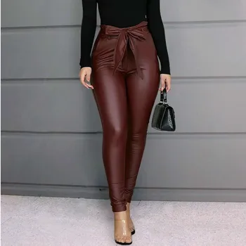 Moda suni deri yüksek bel sıska kalem pantolon düz renk kadın pantolon