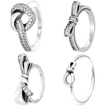 Orijinal 925 Ayar Gümüş Açacağı Infinity Düğümlü Kalp Sembolü Aşk Parlak Yay Yüzük Kadınlar Hediye İçin Popüler DIY Takı