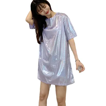 Kore İnce Dipli Gömlek İpek Parlak Üst Parlak Gevşek Kısa Kollu T Shirt Kadın Moda Büyük Yaz Tees Tops