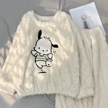 Kışlık pijama Kadınlar için Kalınlaşmış Pazen Karikatür Pachacco Pijama Setleri Beyaz Pembe Ekip Boyun Loungewear kadın Uyku Salonu