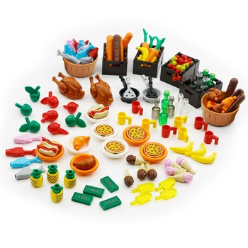 MOC Şehir Parçaları Parçaları Tuğla Seti Gıda Aksesuarları Rakamlar Pizze Meyve Tavuk Hot Dog Ananas Ekmek blok oyuncaklar Hediyeler İçin