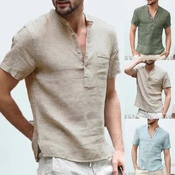 Erkek gömleği Yaz Düz Renk Gevşek Cepler Ekleme Kazak Gömlek erkek Rahat Kısa Kollu Düğme Standı Yaka Bölünmüş Gömlek