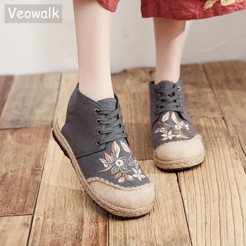 Veowalk El Yapımı Kadın Keten Pamuk Nakış Dantel Up Patik Sonbahar Çizmeler Rahat Yüksek Üst Espadrilles Sneakers Ayakkabı