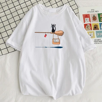 Kawaii Siyah Kedi Sihirli Süpürge Baskı Erkek Tshirt Tarzı Kaliteli T-Shirt Moda Nefes T-Shirt Sadelik İnce Erkek Üst