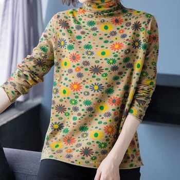 Çiçek Baskılı Rahat Yarım yüksek yakalı tişört Kadın Giyim İlkbahar Sonbahar Moda Zarif kadın Uzun Kollu Kazaklar Tops
