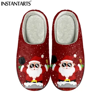 INSTANTARTS pamuk terlikler 2022 Sonbahar / Kış Noel Hediyesi Merry Christmas peluş ayakkabı Kapalı Noel Baba Kırmızı Baskı Polar Terlik