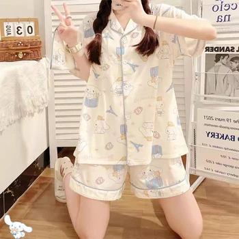 Kawaii Sanrioed Kadın Pijama Cinnamonll Kısa Kollu Üstleri + Şort Karikatür Loungewear Kore Pijama Öğrenci Süt İpek Yaz İns