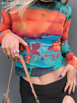 Renkli Y2k Estetik Elbise Gömlek Kadınlar İçin Seksi Üstleri O-Boyun Kısa Kadın Tişörtleri Egirl Grafik Tee Tam Kollu Streetwear