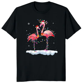 Kadın Kawaii Giyim Noel Flamingo Ağacı Desen Baskılı T Gömlek Erkekler Yeni Yıl Streetwear Stil