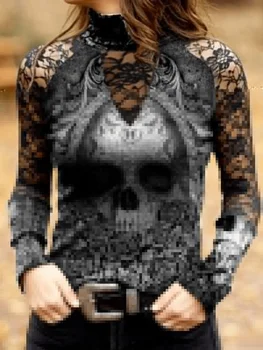 2022 Kadın Moda Yaz Kaplumbağa Boyun Kafatası ve Çiçek Baskı T-shirt Gotik İçi Boş Uzun Kollu Üstleri