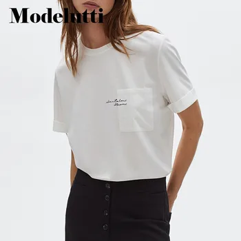 Modelutti 2022 Yeni Bahar Yaz Moda Kısa Kollu Cep Sloganı T-shirt Kadın Düz Renk Tüm Maç Basit Rahat Üst Kadın