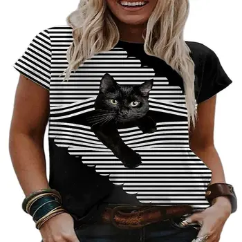 2022 yeni kedi desen bayan T-shirt 3D çiçek yuvarlak boyun rahat niş tasarım giyim kadın hayvan serisi kısa kollu