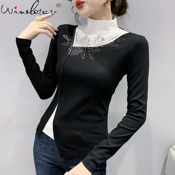 MadBlack Sonbahar Kış Kore Giyim pamuklu tişört Şık Seksi Balıkçı Yaka Renk Engelleme Elmas Kadın Üstleri Bayan Yeni Tees T1N915A