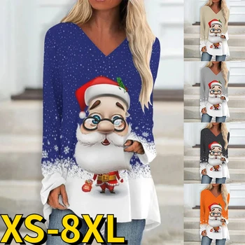 2022 Kış Üstleri Vintage Uzun Kollu Seksi T-shirt kadın V Yaka Kazak Noel Baba Baskı Vintage Noel Tee Gömlek