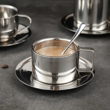 304 Paslanmaz Çelik Kahve Fincanı Kupalar espresso bardakları ve Büyük Cappuccino Bardak Kaşık ve Tabağı Hediye Fikri Kahve ve Çay Severler için